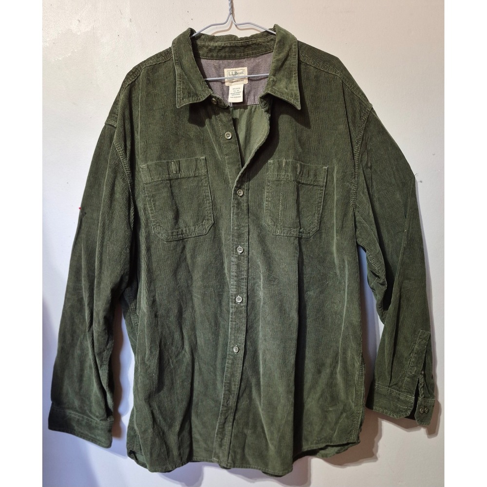 LL Bean Mens XXL Corduroy Shirt Jacket Olive Green Traditional Fit Cotton 505637